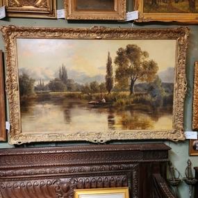 HUGE FRAMED ENGLISH LANDSCAPE OIL PAINTING CANVAS WITH TREES ON A LAKE BY PHILLIPS classic mural painting