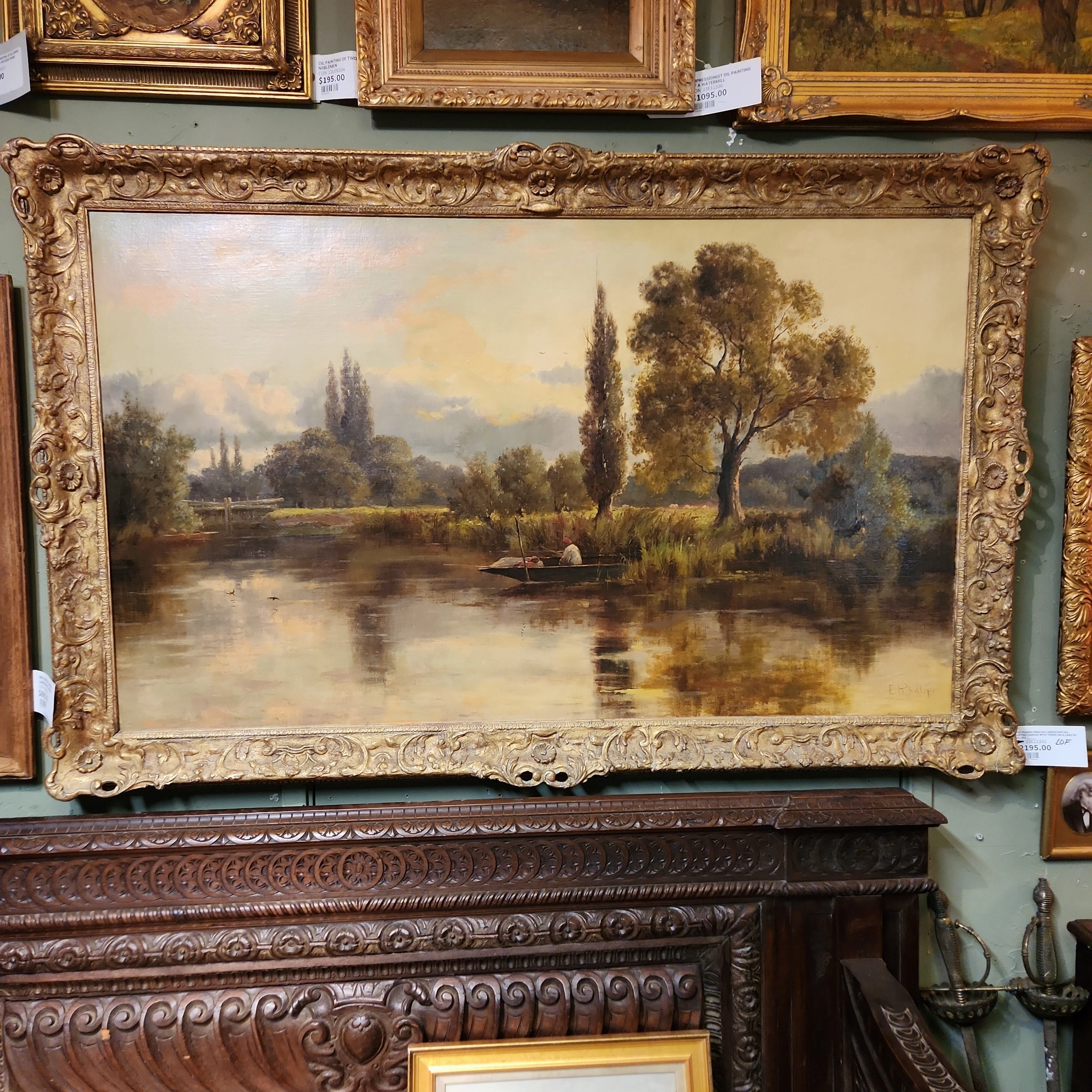 HUGE FRAMED ENGLISH LANDSCAPE OIL PAINTING CANVAS WITH TREES ON A LAKE BY PHILLIPS classic mural painting