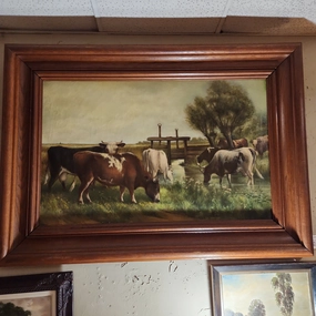 HUGE OAK FRAMED COW PAINTING classic mural painting