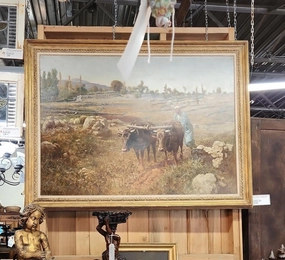 HUGE OIL PAINTING OF A TURKISH FARMER PLOWING THE FIELDS BY EDWARD MILLS classic mural painting