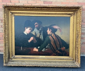 HUGE ORNATE GILT FRAMED OIL PAINTING ON CANVAS BY E. BURROS " THE CARD CHEAT" classic mural painting