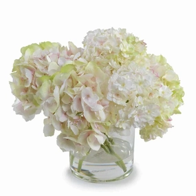 Hydrangea Arrangement in Clear Glass Cylinder Vase home display ornament