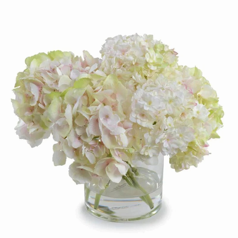 Hydrangea Arrangement in Clear Glass Cylinder Vase home display ornament