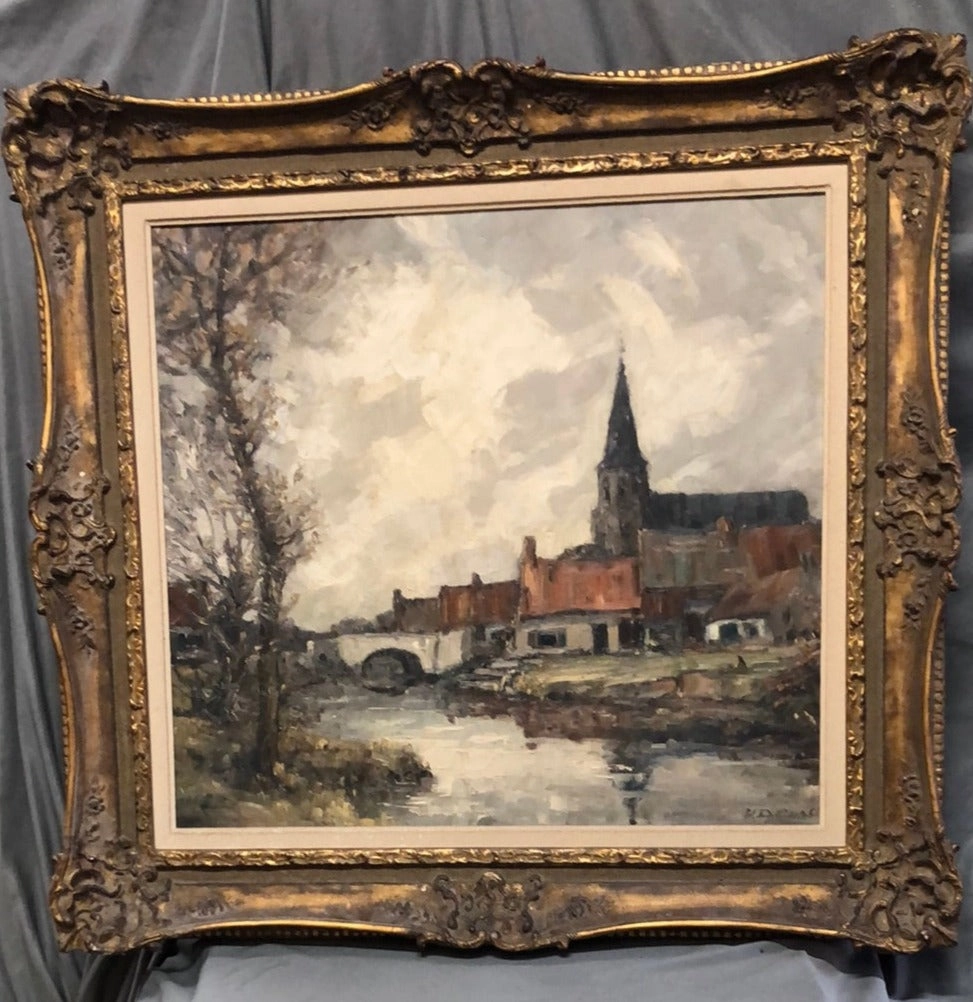 IMPASTO IMPRESSIONIST LARGE CHURCH OIL PAINTING IN ORNATE FRAME-SIGNED classic mural painting