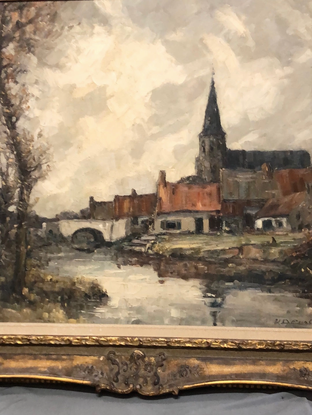 IMPASTO IMPRESSIONIST LARGE CHURCH OIL PAINTING IN ORNATE FRAME-SIGNED