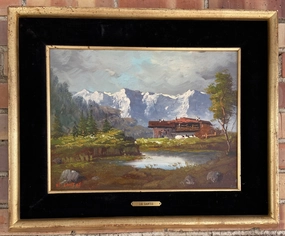 IMPRESSIONIST ALPINE OIL PAINTING WITH RED ROOF HOUSE classic mural painting