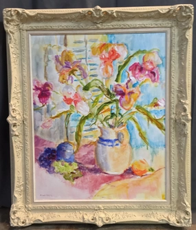 IMPRESSIONIST FLORAL STILL LIFE OIL PAINTING IN WHITE FRAME BY-A. WEIBEL classic mural painting
