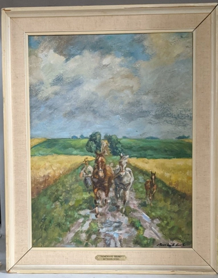 IMPRESSIONIST OIL PAINTING OF HORSE AND COLT BY MITSCHKOWSKI classic mural painting