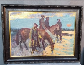 IMPRESSIONIST OIL PAINTING OF HORSEMEN BY THE RIVER classic mural painting