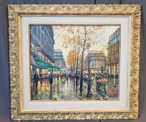 IMPRESSIONIST OIL PAINTING OF PARIS STREET IN SPRINGTIME BY J. SALABET classic mural painting