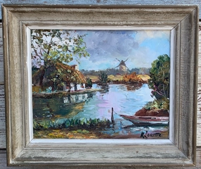 IMPRESSIONIST OIL PAINTING OF POND AND WINDMILL BY RENEE LOROTTE classic mural painting