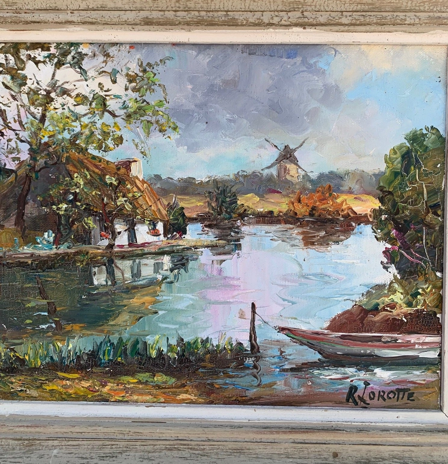 IMPRESSIONIST OIL PAINTING OF POND AND WINDMILL BY RENEE LOROTTE
