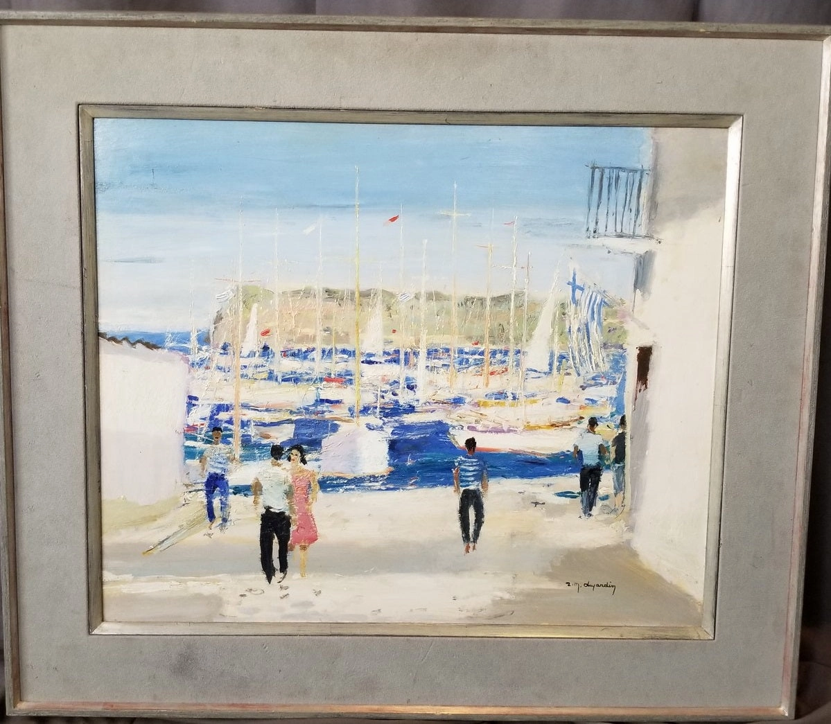 IMPRESSIONIST OIL PAINTING OF SAILBOATS IN A HARBOR by Z.M.. DWARDIN classic mural painting