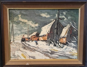 IMPRESSIONIST OIL PAINTING OF SNOW COVERED BUILDINGS AND DARK SKY classic mural painting