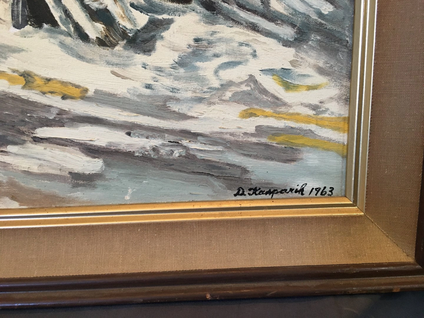 IMPRESSIONIST OIL PAINTING OF SNOW COVERED BUILDINGS AND DARK SKY