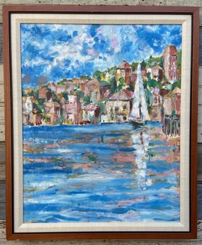 IMPRESSIONIST PAINTING OF HARBOR SCENE WITH SAILBOAT classic mural painting