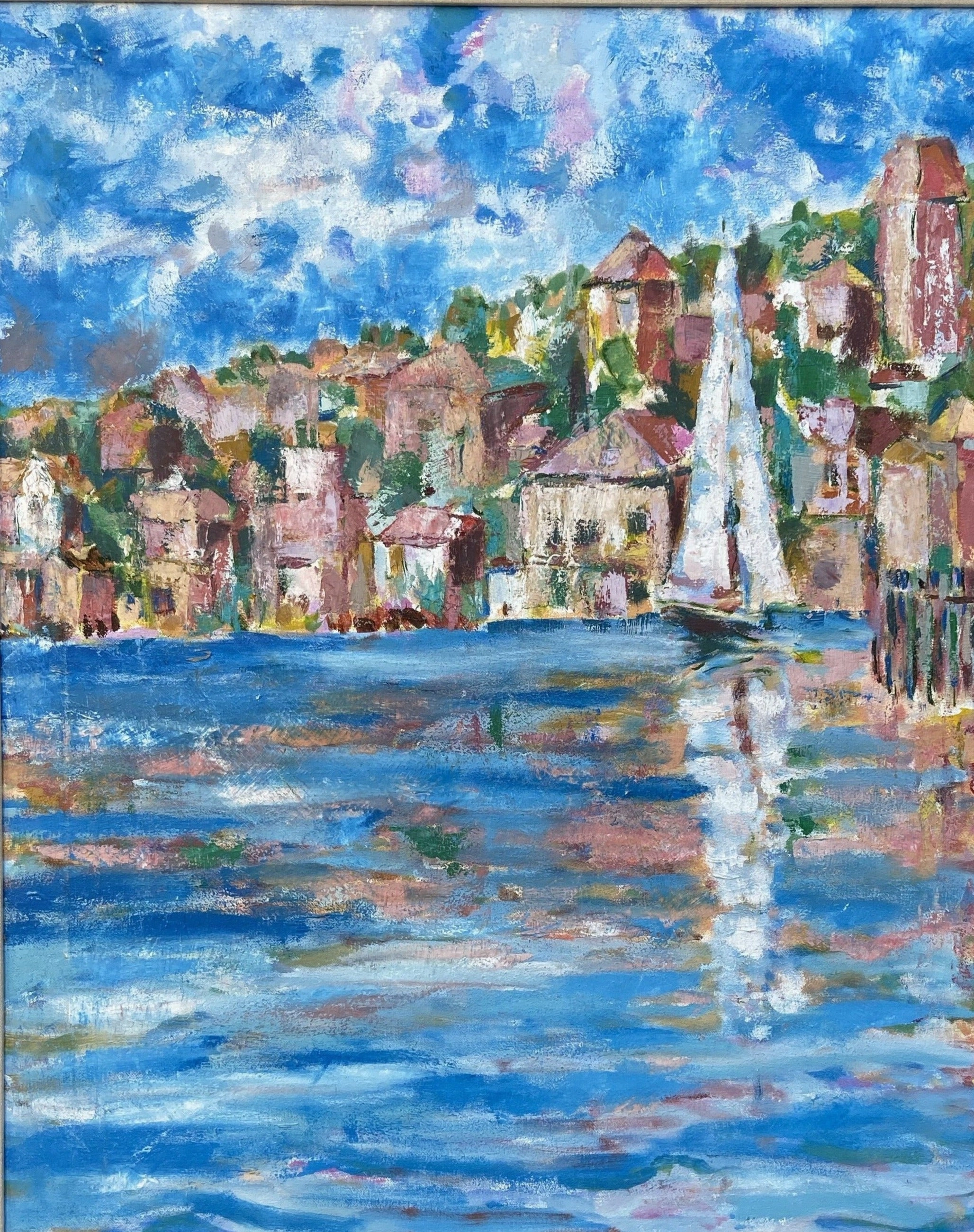 IMPRESSIONIST PAINTING OF HARBOR SCENE WITH SAILBOAT