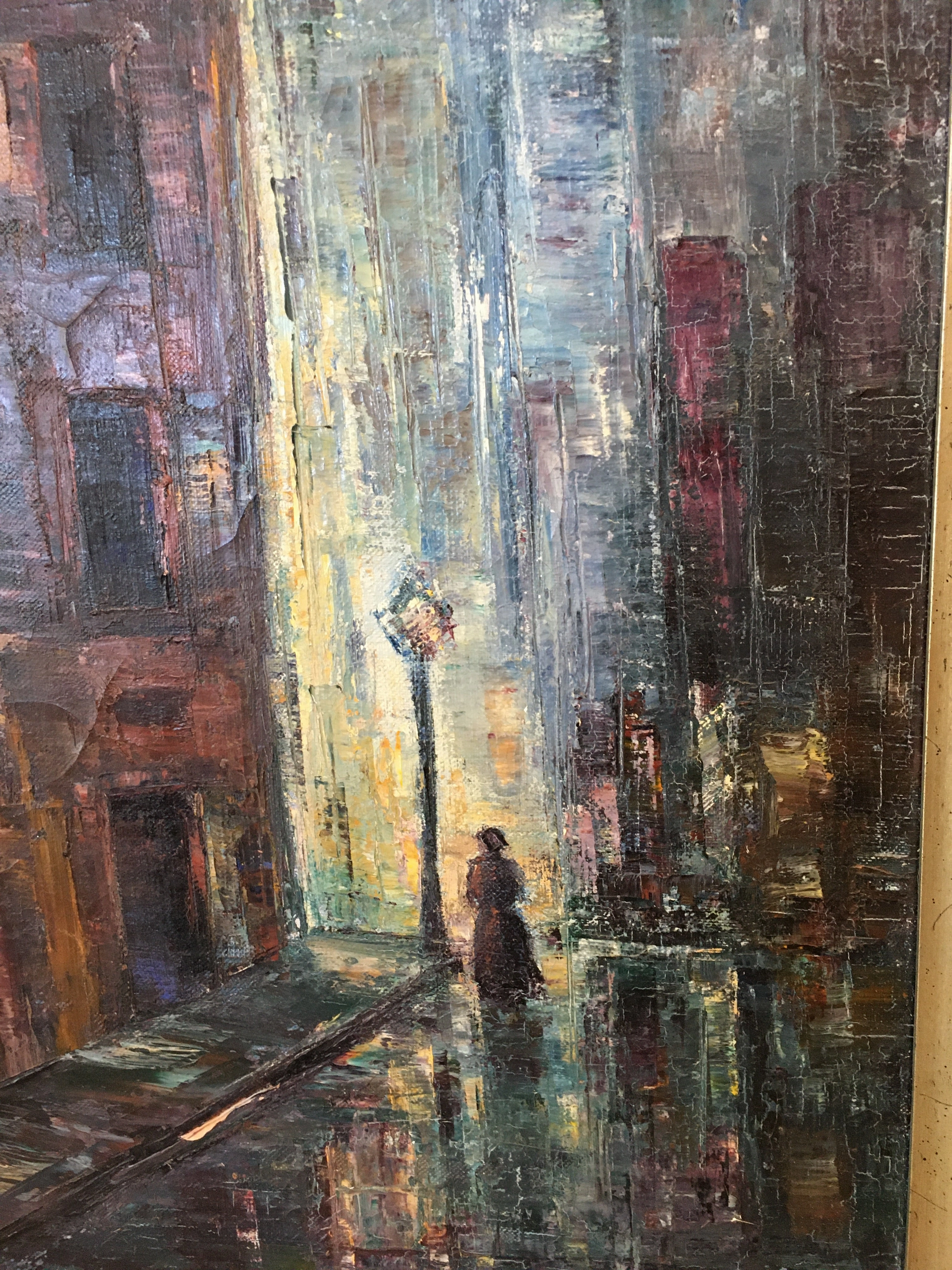 IMPRESSIONISTIC OIL ON CANVAS PAINTING OF NIGHT TIME CITY SCENE WITH LADY WALKING