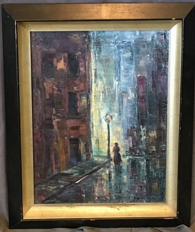 IMPRESSIONISTIC OIL ON CANVAS PAINTING OF NIGHT TIME CITY SCENE WITH LADY WALKING classic mural painting