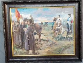 IMPRESSIONST OIL PAINTING OF MEN (POSSIBLY LENIN) AND A MAN ON A WHITE HORSE classic mural painting