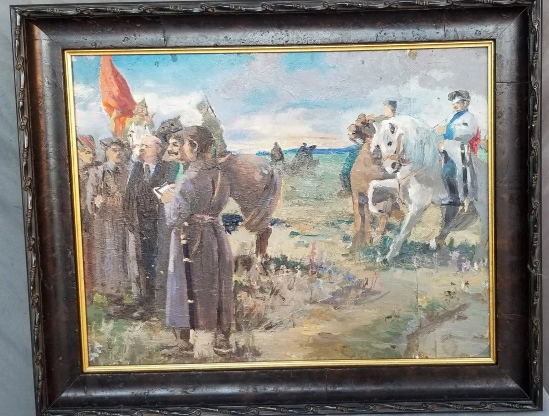 IMPRESSIONST OIL PAINTING OF MEN (POSSIBLY LENIN) AND A MAN ON A WHITE HORSE classic mural painting