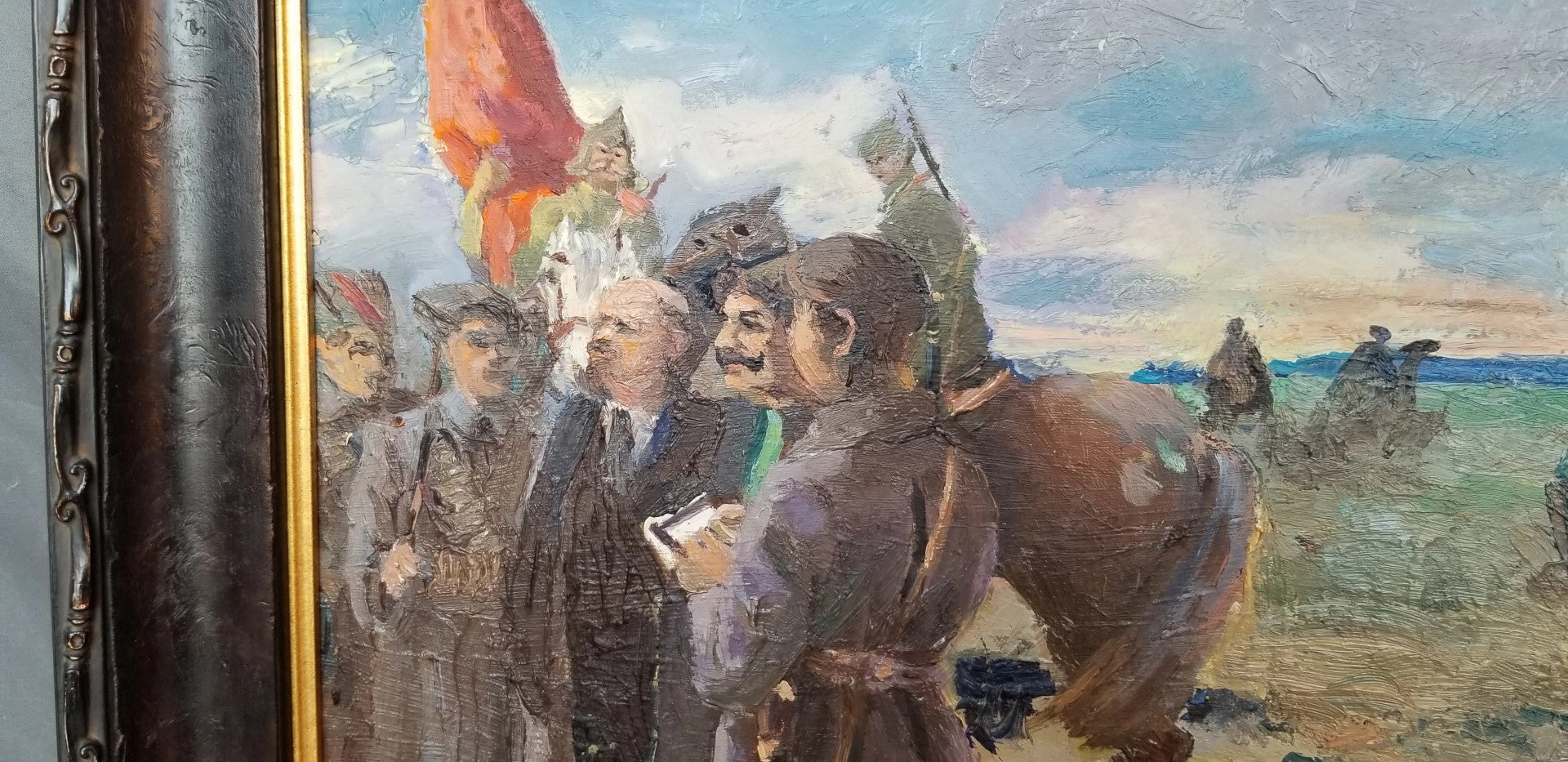 IMPRESSIONST OIL PAINTING OF MEN (POSSIBLY LENIN) AND A MAN ON A WHITE HORSE