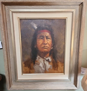 INDIAN CHEIF OIL PAINTING IN DISTRESSED FRAME BY LILA JUNE classic mural painting