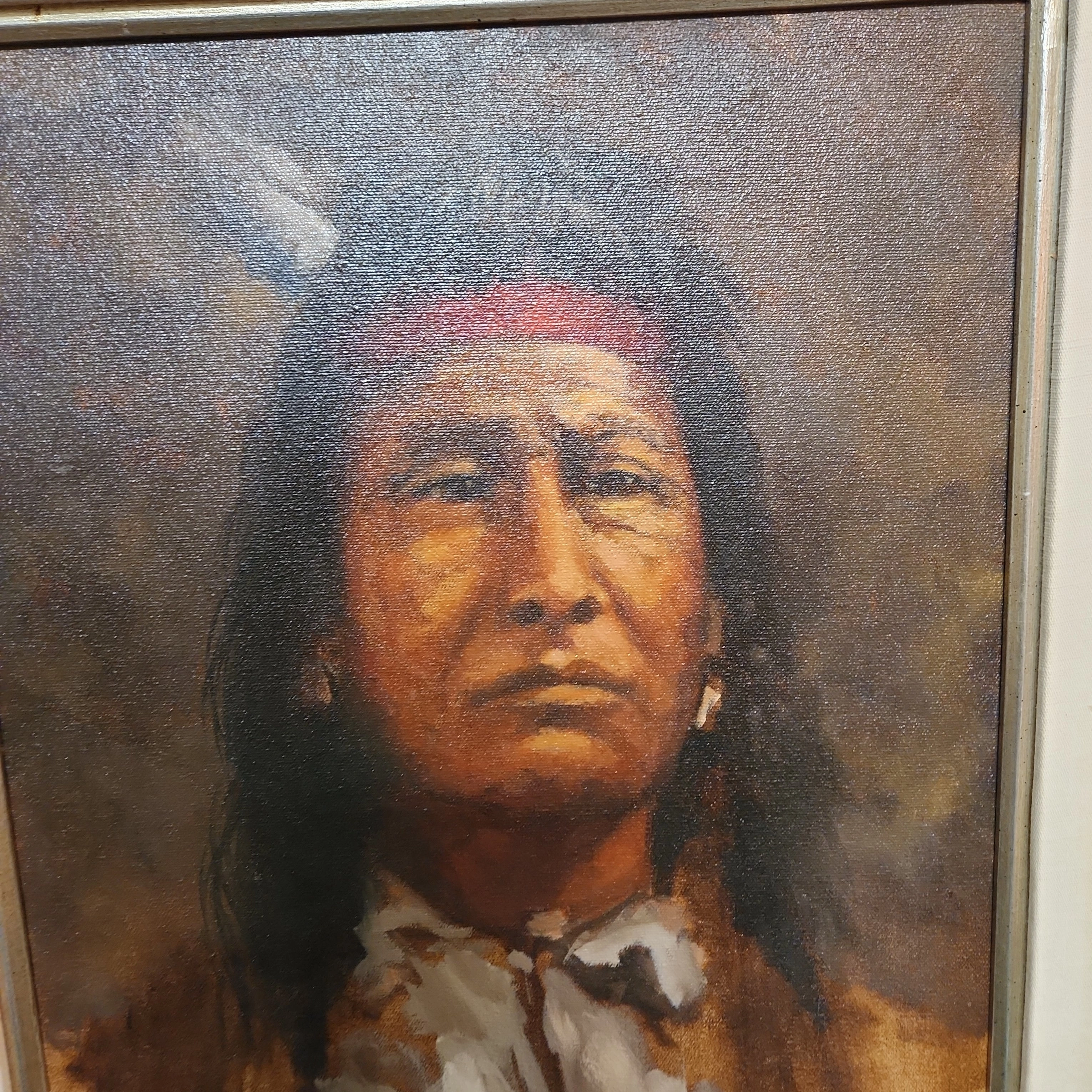 INDIAN CHEIF OIL PAINTING IN DISTRESSED FRAME BY LILA JUNE
