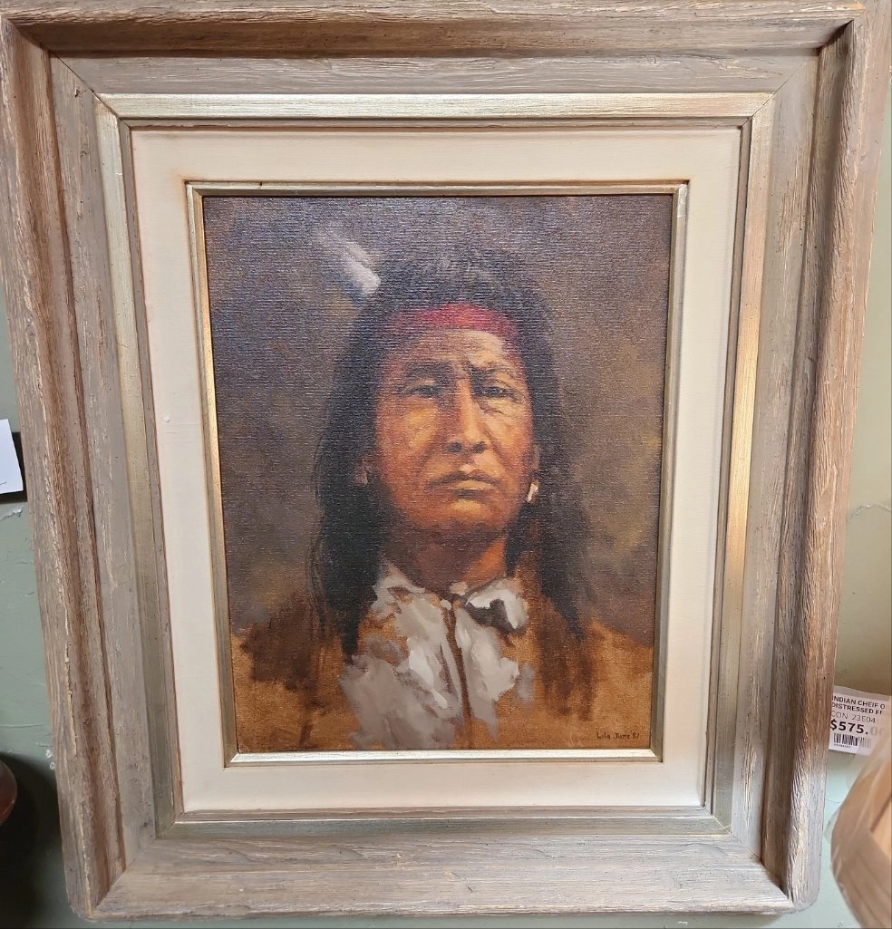 INDIAN CHEIF OIL PAINTING IN DISTRESSED FRAME BY LILA JUNE classic mural painting