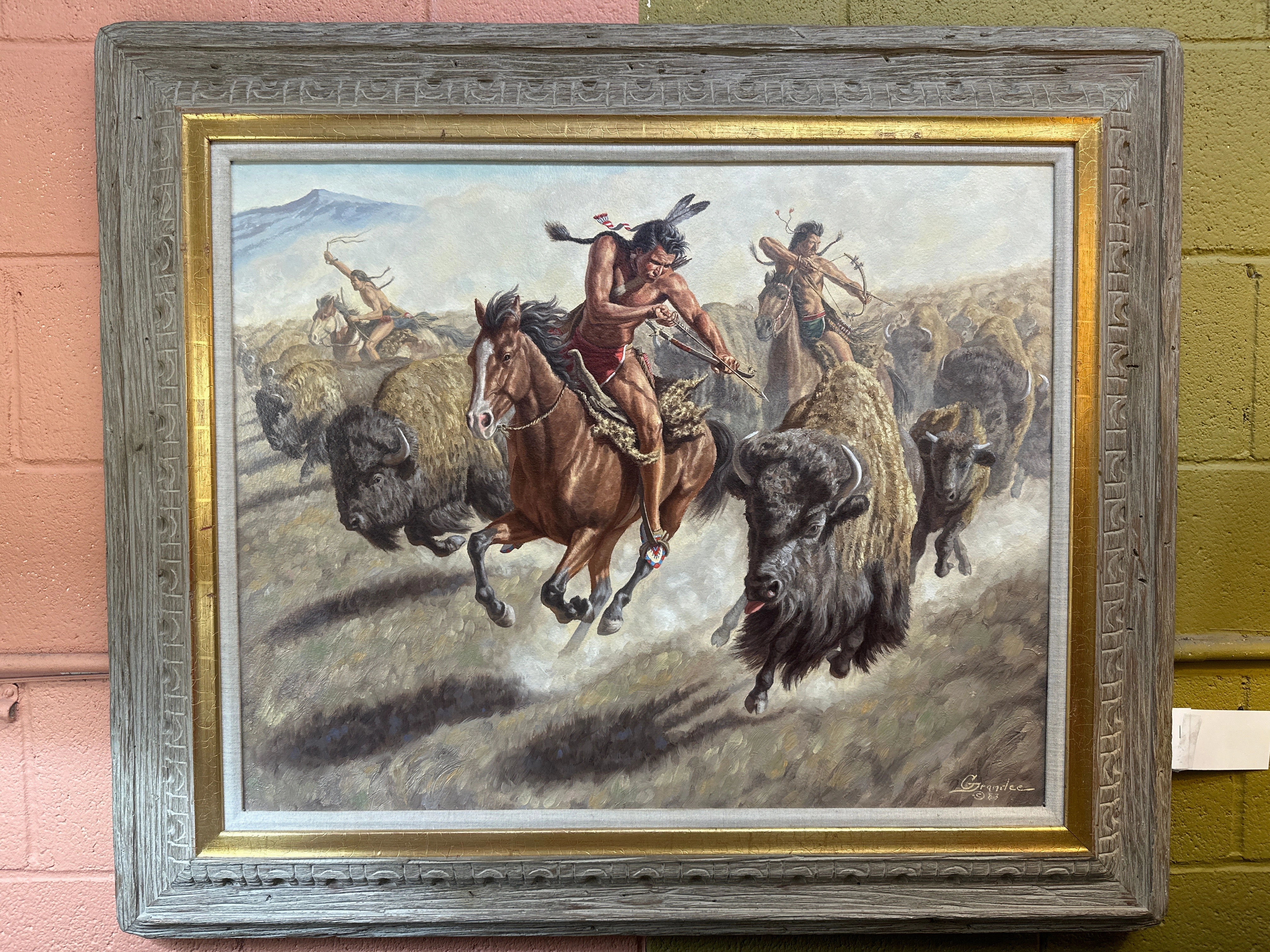 INDIAN HUNTING BUFFALO OIL PAINTING ON BOARD BY JOE GRANDEE 1929-2021 classic mural painting