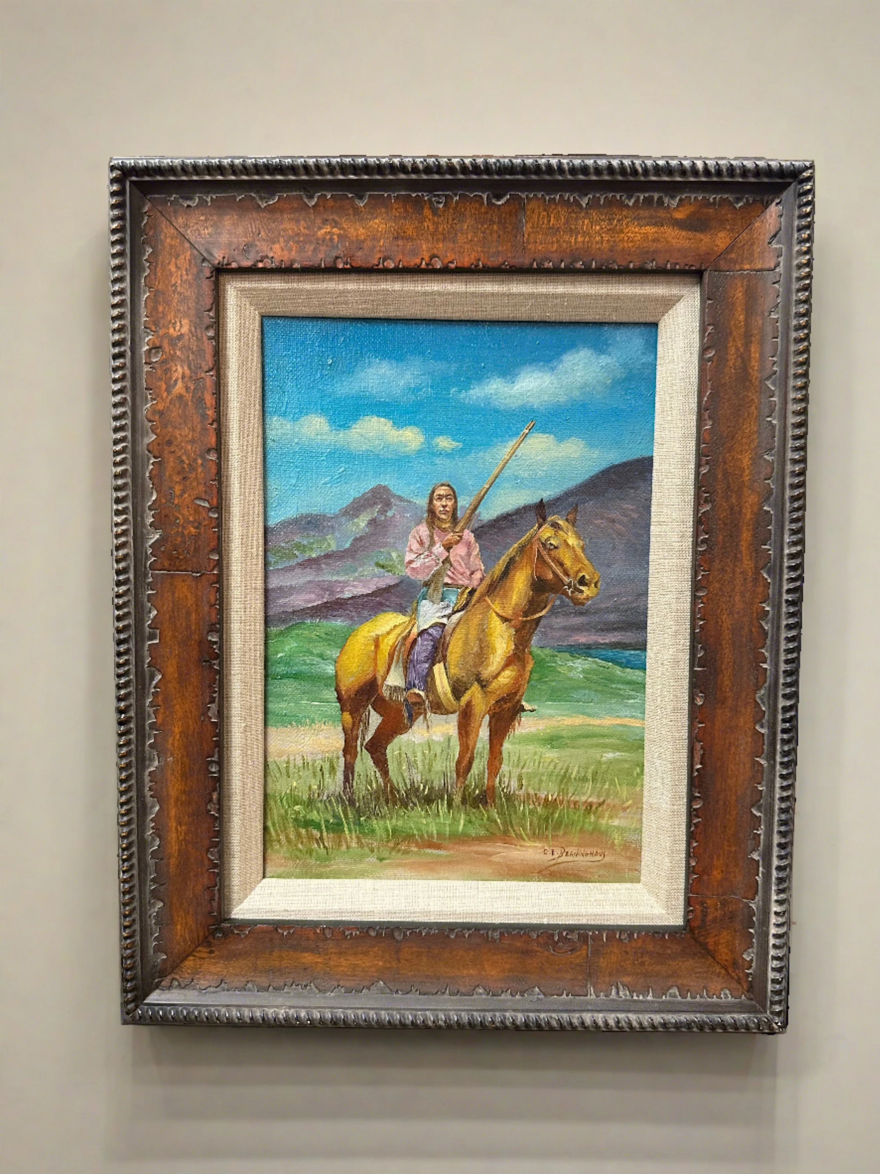 INDIAN ON HORSE OIL PAINTING BY OSCAR BERNINGHAUS classic mural painting