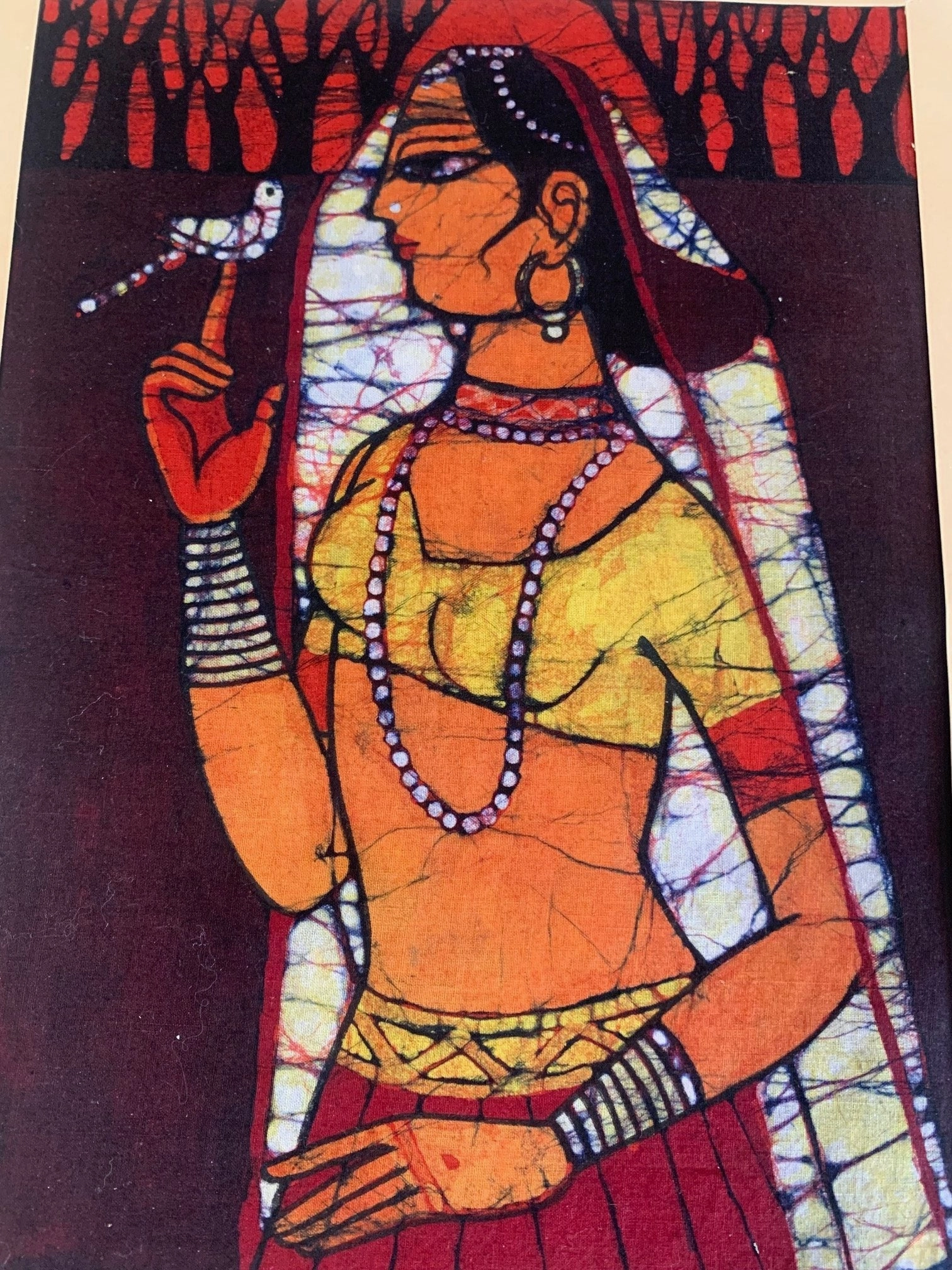 INDIAN PAINTING ON FABRIC OF WOMAN WITH BIRD