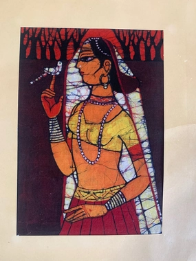 INDIAN PAINTING ON FABRIC OF WOMAN WITH BIRD classic mural painting