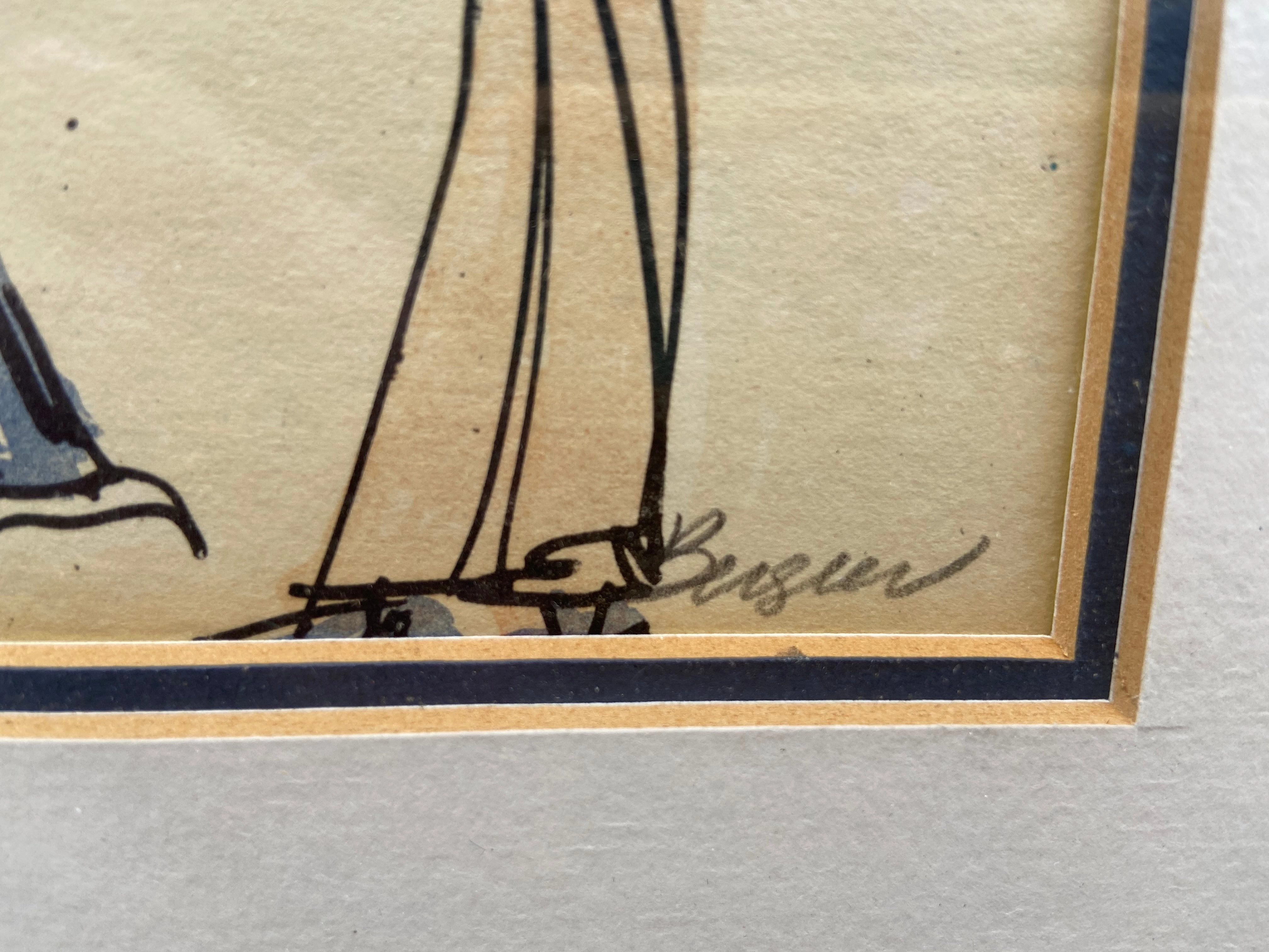 INK AND WATERCOLOR PAINTING OF SEASHORE WITH BOATS AND PEOPLE