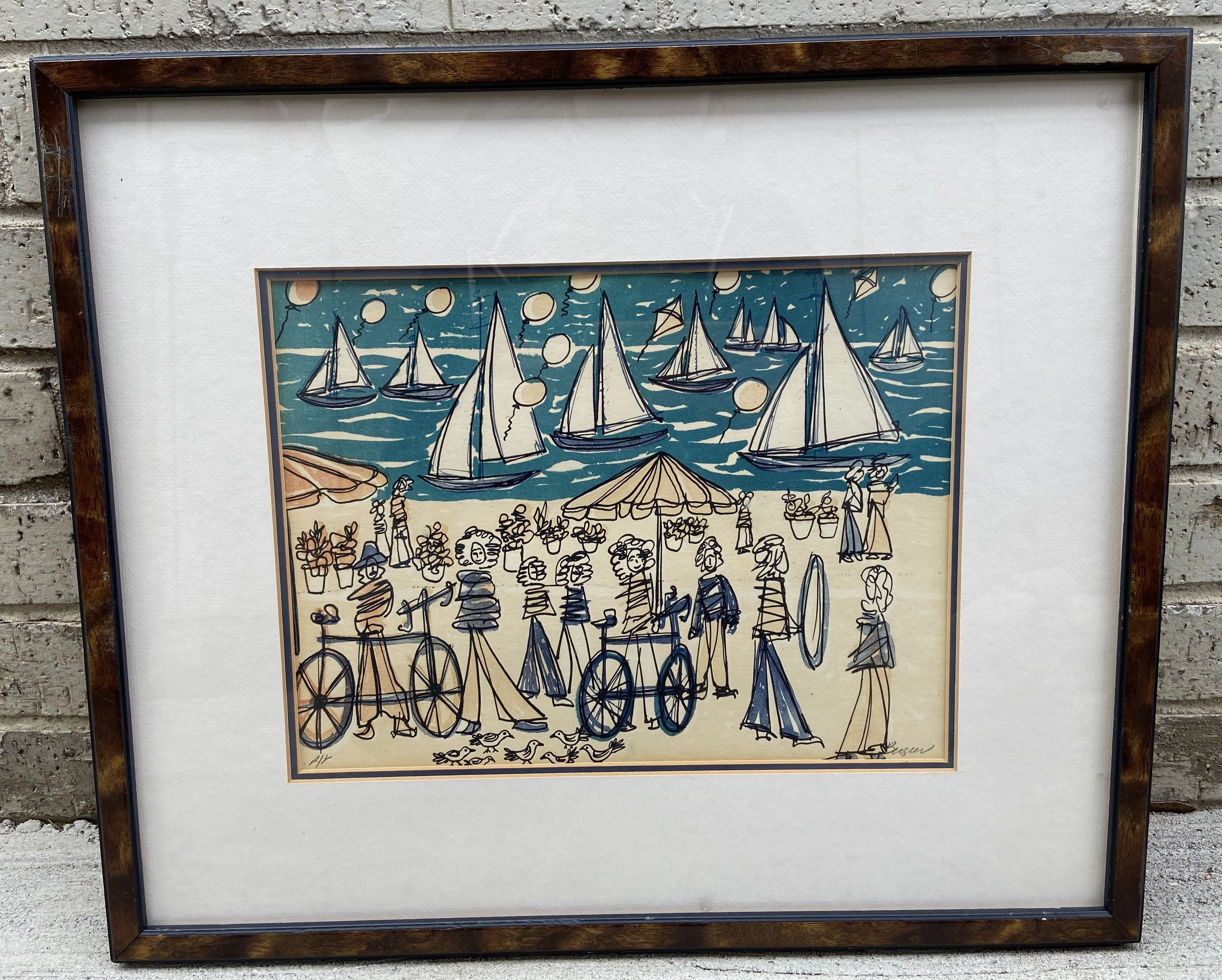 INK AND WATERCOLOR PAINTING OF SEASHORE WITH BOATS AND PEOPLE classic mural painting