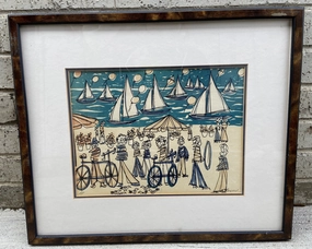 INK AND WATERCOLOR PAINTING OF SEASHORE WITH BOATS AND PEOPLE classic mural painting