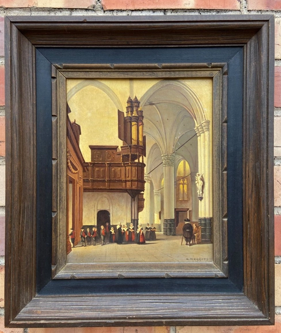 INTERIOR OF A CHURCH OIL PAINTING ON BOARD- SIGNED A. WEGGERS classic mural painting