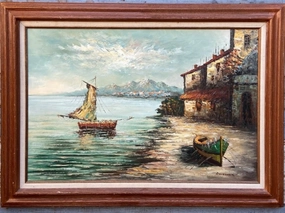 ITALIAN IMPRESSIONIST SAILBOAT IN HARBOR OIL PAINTING classic mural painting