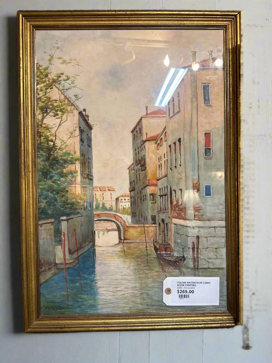 ITALIAN WATERCOLOR CANAL SCENE PAINTING classic mural painting