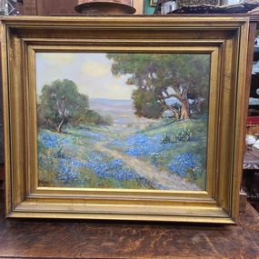 JERRY MALZAHN LANDSCAPE OIL PAINTING WITH BLUEBONNETS NEAR A ROAD classic mural painting