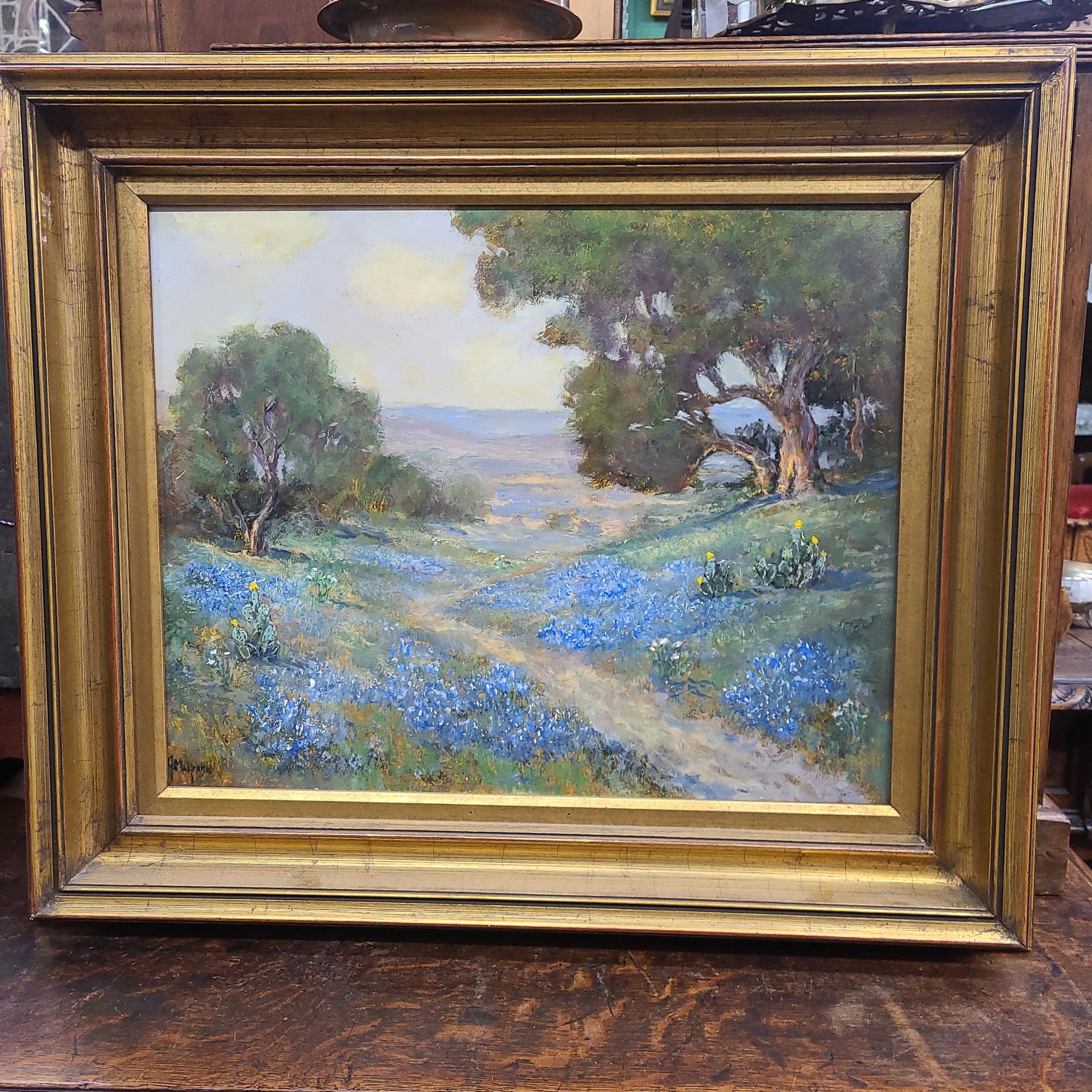 JERRY MALZAHN LANDSCAPE OIL PAINTING WITH BLUEBONNETS NEAR A ROAD