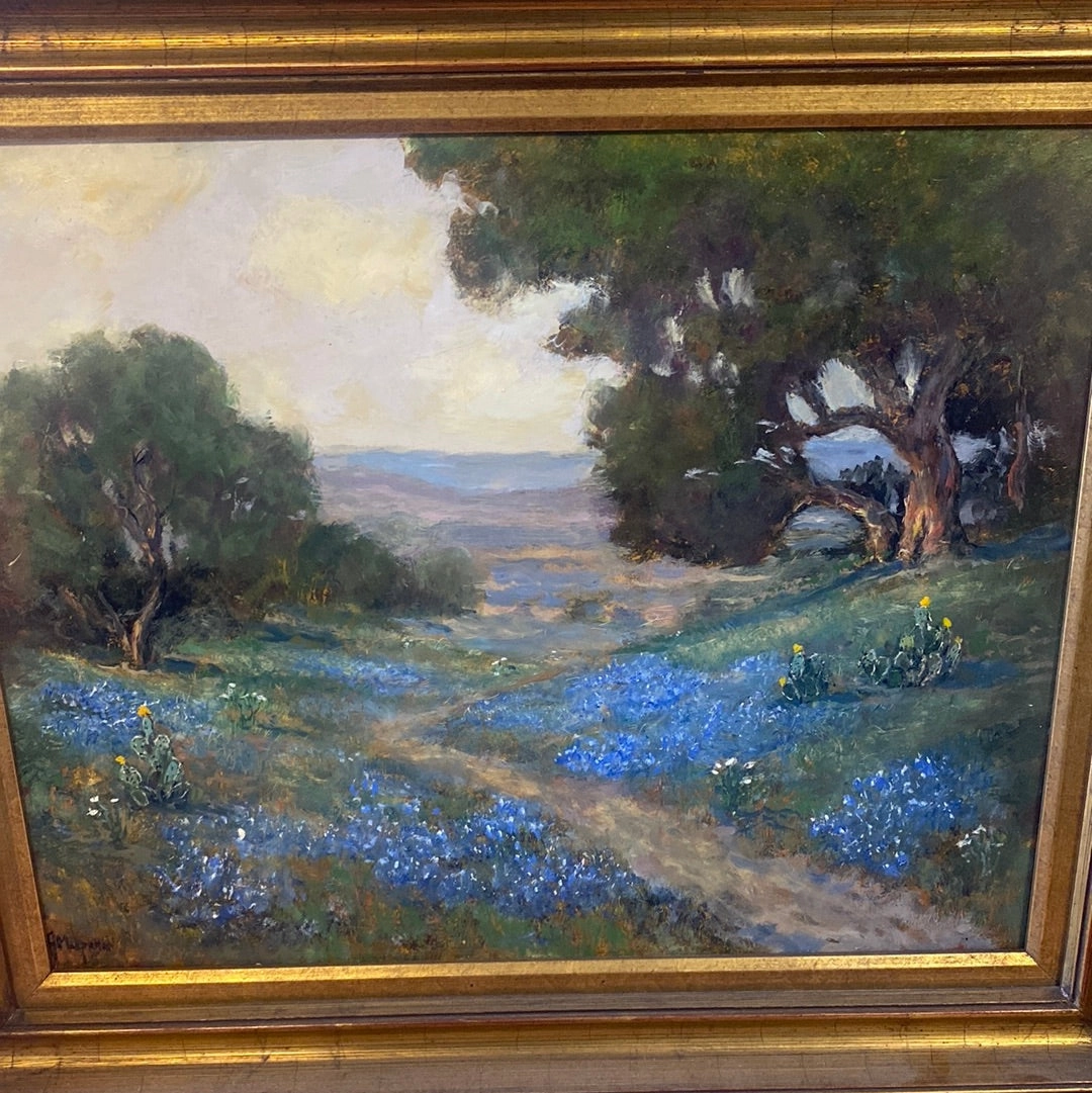 JERRY MALZAHN LANDSCAPE OIL PAINTING WITH BLUEBONNETS NEAR A ROAD
