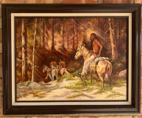 JOE BARNES INDIANS ON HORSEBACK OIL PAINTING ON CANVAS classic mural painting