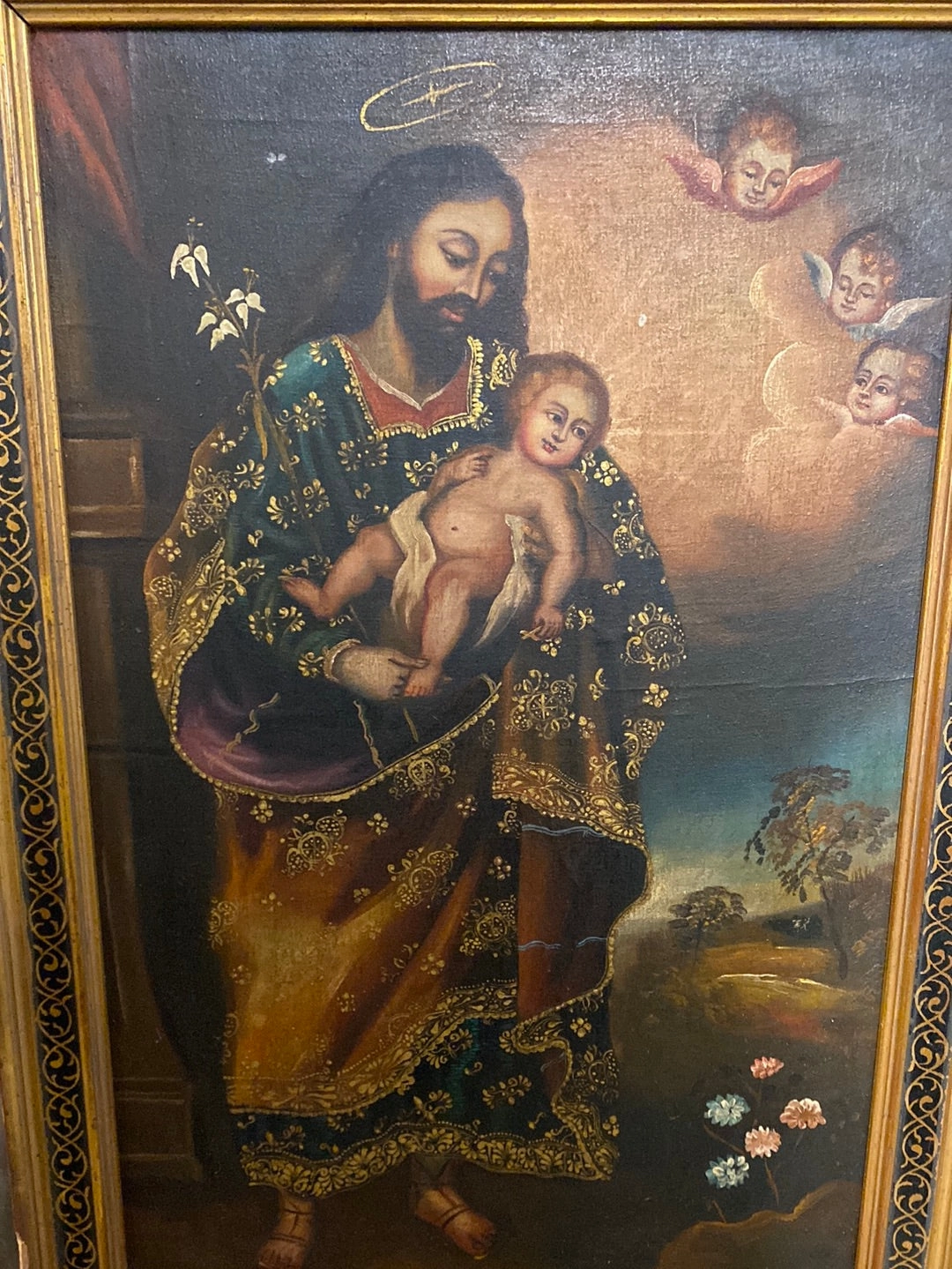 JOSEPH AND BABY JESUS OIL PAINTING -CUSCO SCHOOL