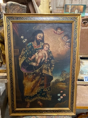 JOSEPH AND BABY JESUS OIL PAINTING -CUSCO SCHOOL classic mural painting