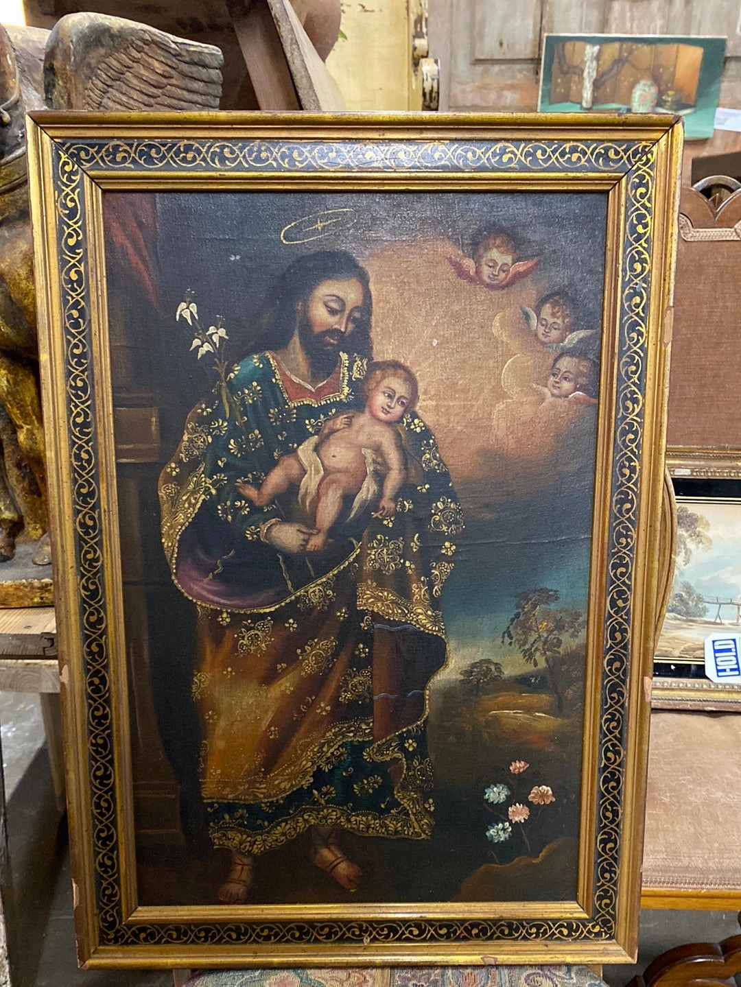JOSEPH AND BABY JESUS OIL PAINTING -CUSCO SCHOOL classic mural painting