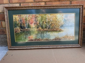 LAKE WITH FALL LEAVES AND BIRDS WATERCOLOR BY ANN EITEL classic mural painting