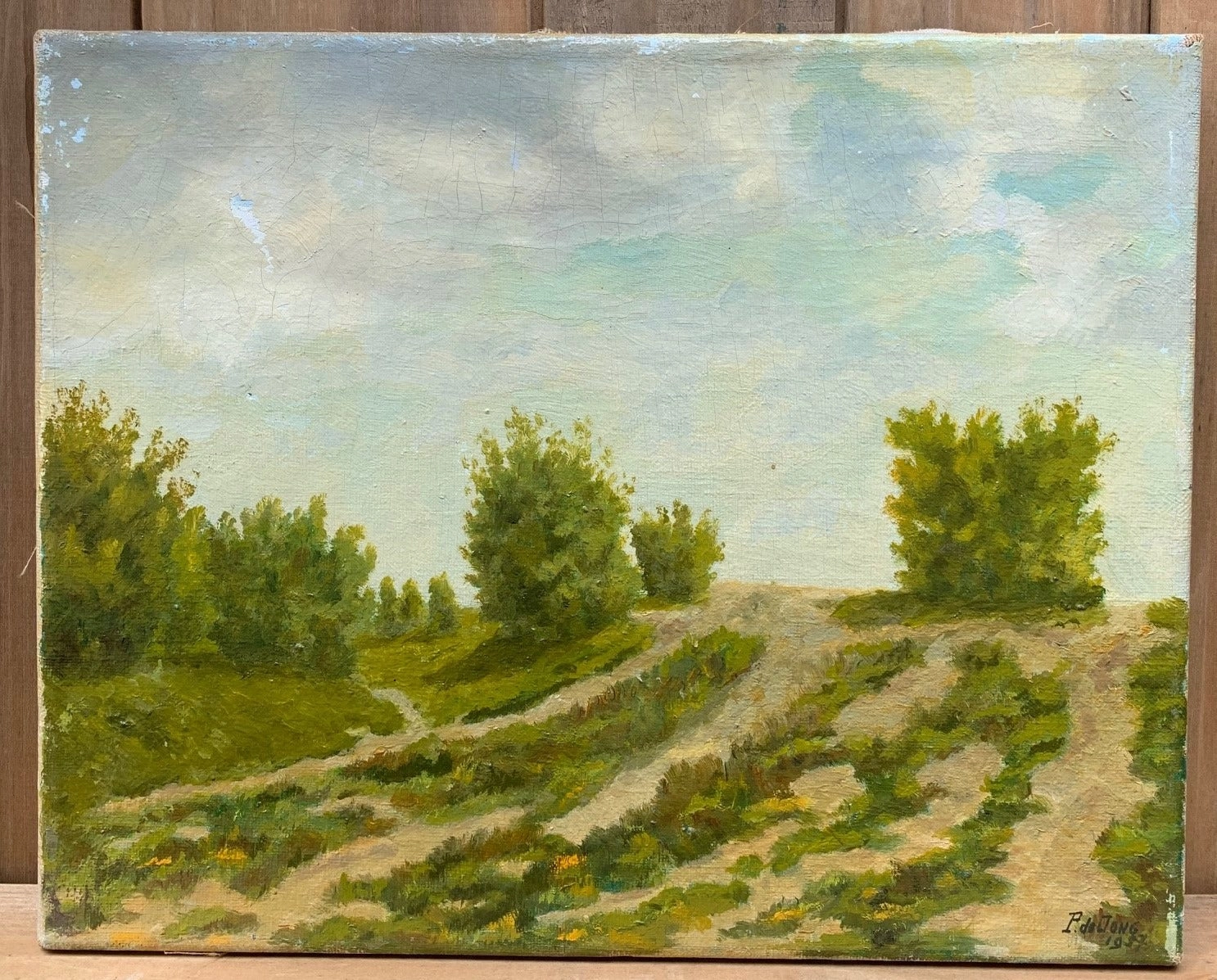 LANDSCAPE OIL PAINTING - AS FOUND SIGNED P.D.E JONG 1957 classic mural painting