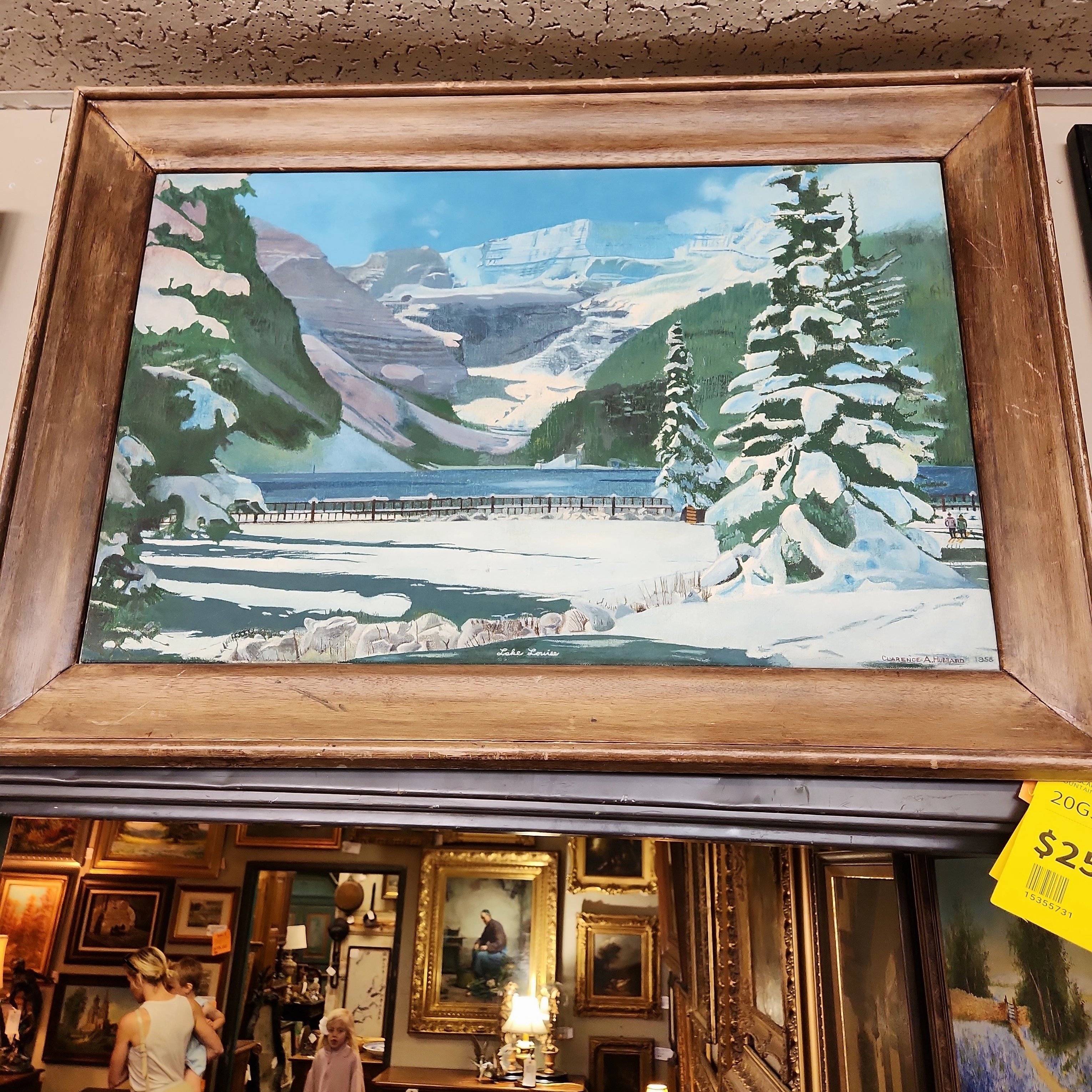 LANDSCAPE OIL PAINTING OF A SNOWY MOUNTAIN AND LAKE LOUISE BY HUBBARD classic mural painting