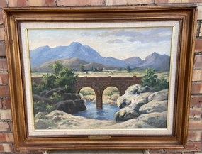 LANDSCAPE OIL PAINTING OF BRIDGE AND MOUNTAINS "OLD BRIDGE" BY ULRICH FISHER 1887-1970 classic mural painting